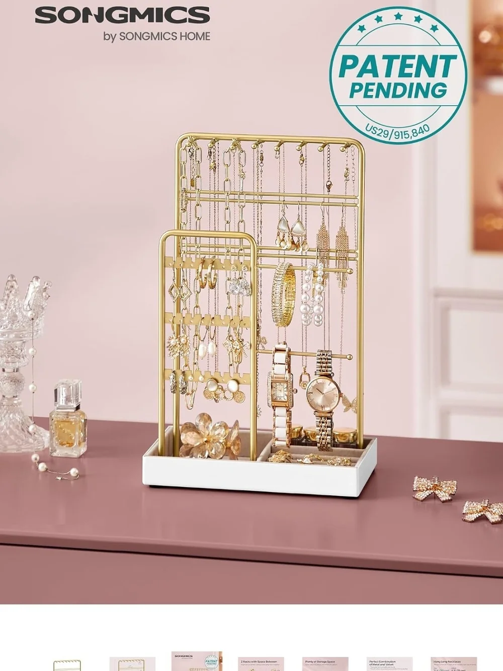Gold Jewelry Organizer Stand with White Base and Velvet Tray